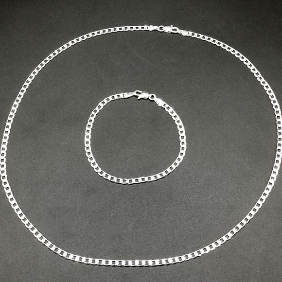 925 Sterling Silver 4mm Cuban Necklace Bracelet Set Christmas Birthday Gift NEW! - Picture 1 of 6